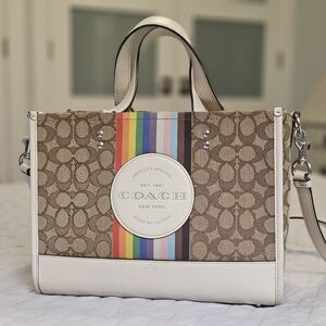 Coach Dempsey Tote Classic Jacquard with Rainbow Stripe & Cream Trim